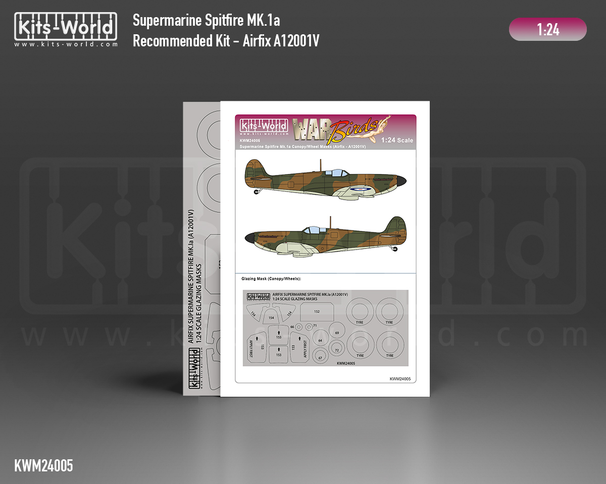 Kitsworld Kitsworld - 1:24 Scale Paint Mask Supermarine Spitfire Mk.Ia KWM24005 Supermarine Spitfire Mk.Ia Canopy/Wheels Mask - Recommended Kit Airfix A12001V 
